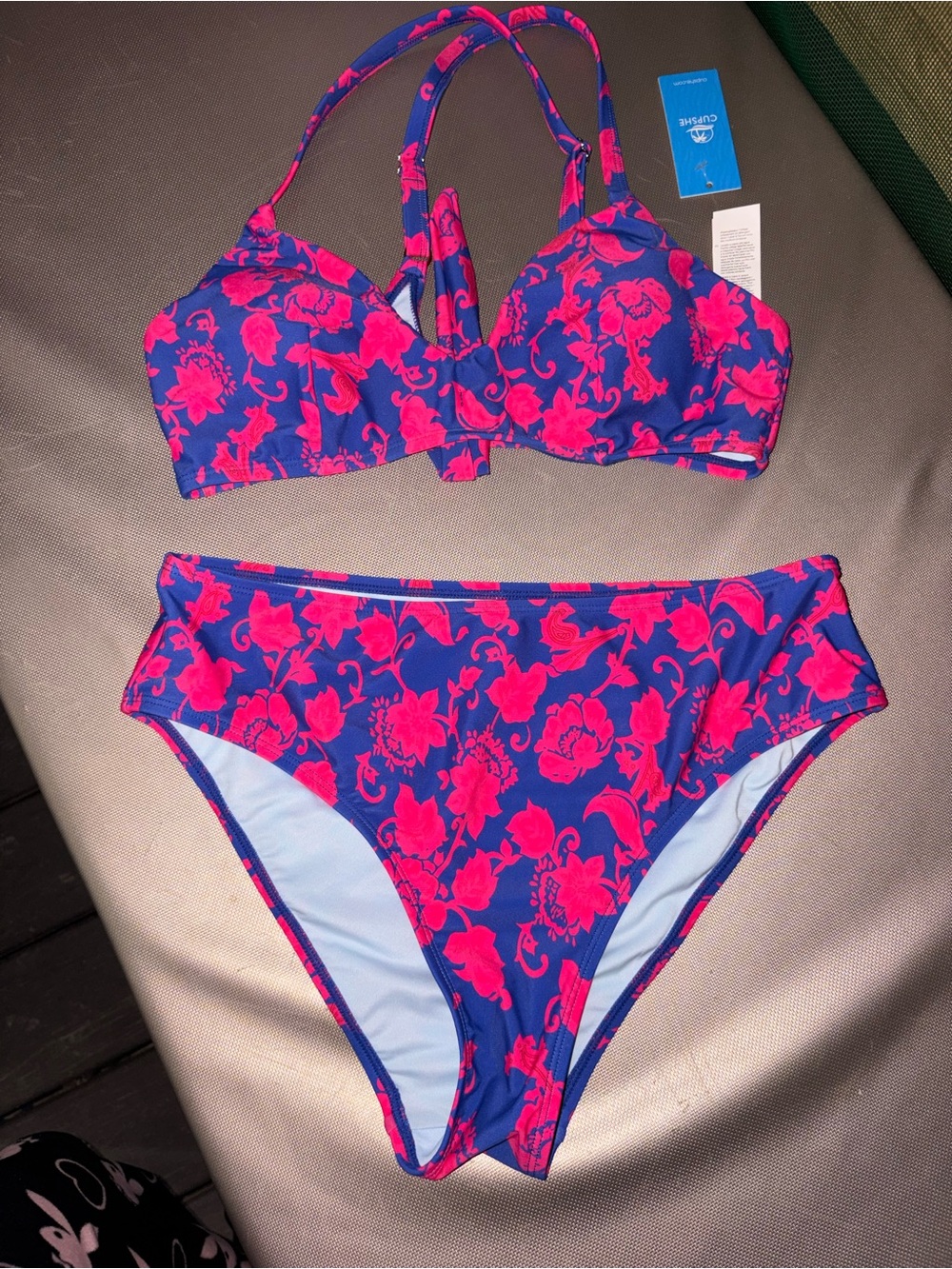 Cupshe Blue Bikini with Hot Pink Floral Print